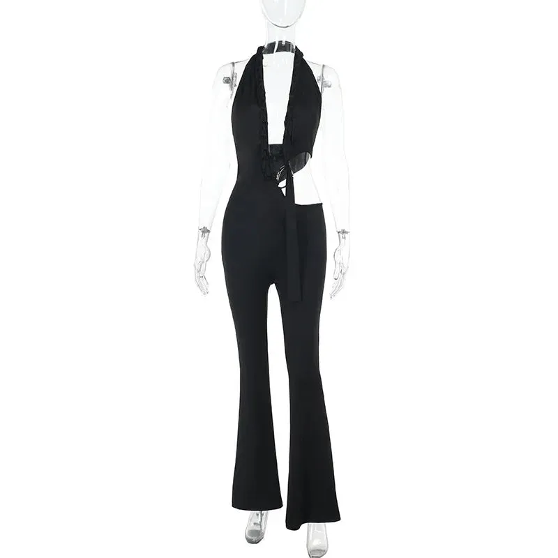 JazzHer Halter Backless Hollow Out Summer Playsuits Rompers Women 2025 Ruffle Holiday Casual Elegant Long Jumpsuits Homewear