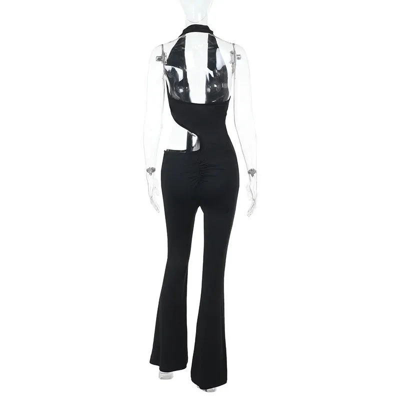 JazzHer Halter Backless Hollow Out Summer Playsuits Rompers Women 2025 Ruffle Holiday Casual Elegant Long Jumpsuits Homewear