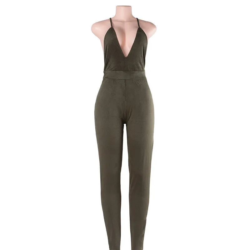 jumpsuit deep V neck Women sexy cross back strappy bodysuit overall bandage backless Jumpsuit green