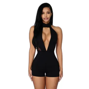 Kylie Jenner Style Short Halter Overalls Backless One Piece Black Keyhole Clubwear Bodysuit