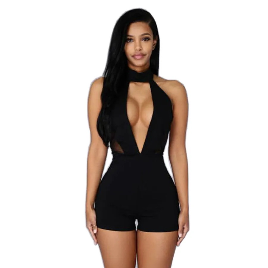 Kylie Jenner Style Short Halter Overalls Backless One Piece Black Keyhole Clubwear Bodysuit