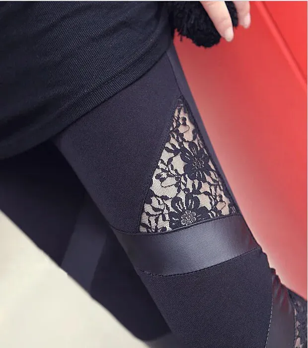 Leather Push-Up Leggings with Stretch Splicing and Lace PU Design