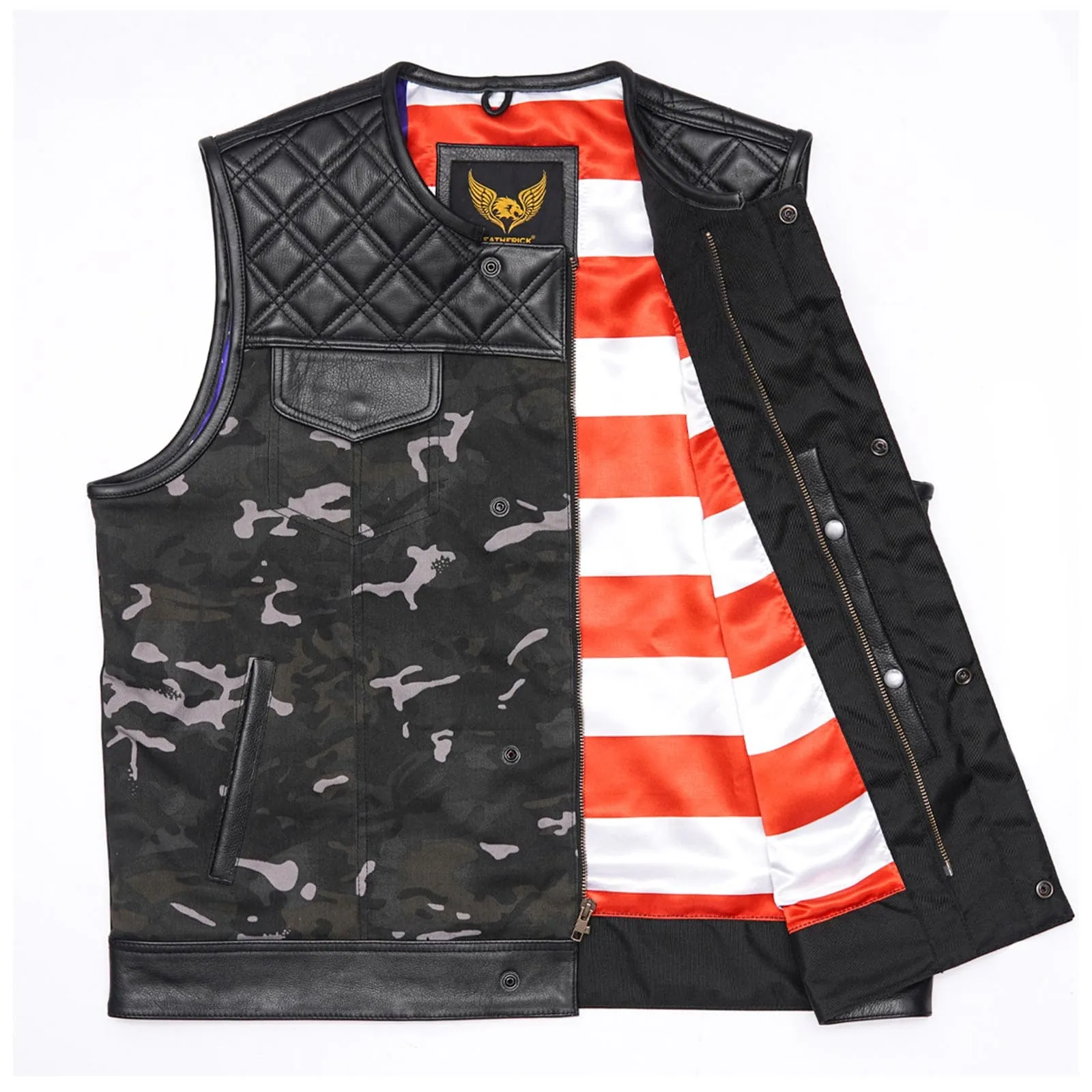 Leatherick Men's Custom Diamond Stitch Camouflage Biker Vest