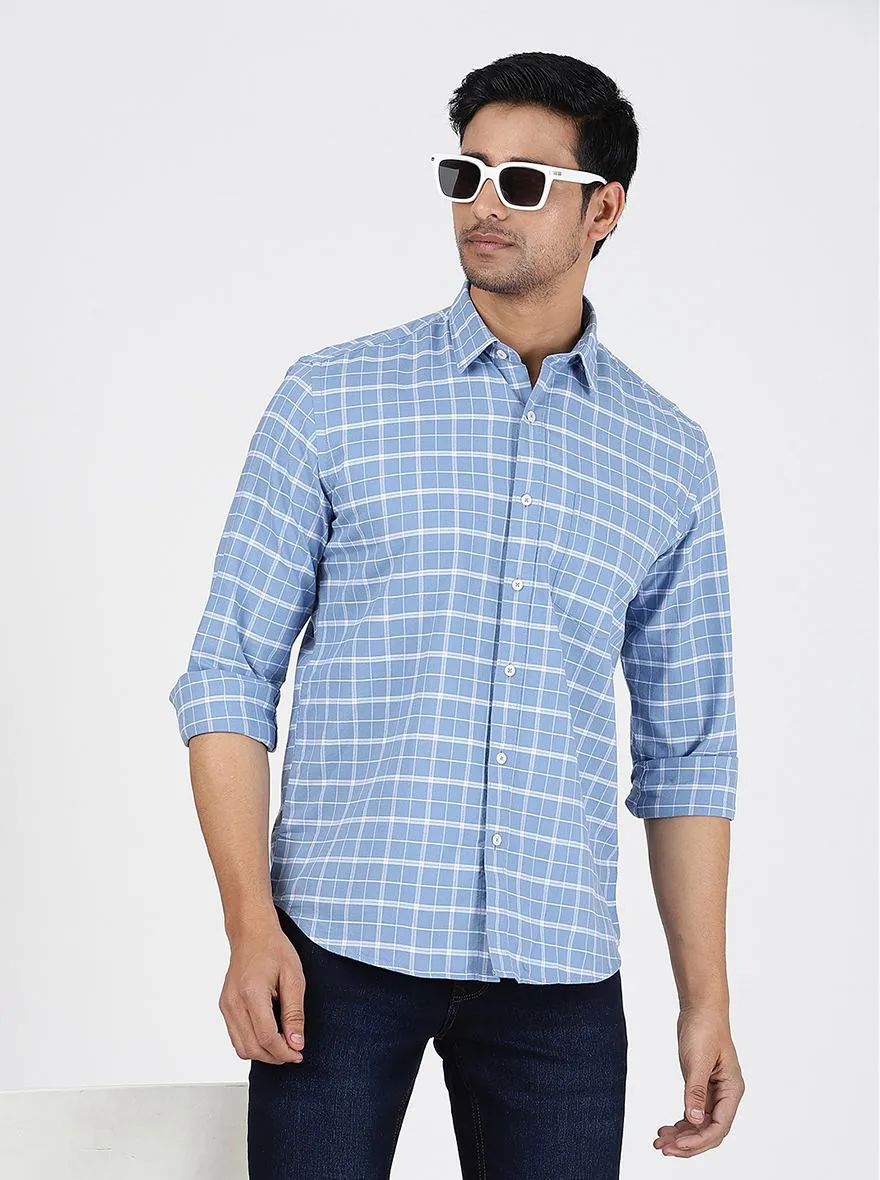 Light Blue Checked Slim Fit Semi Casual Shirt | JadeBlue