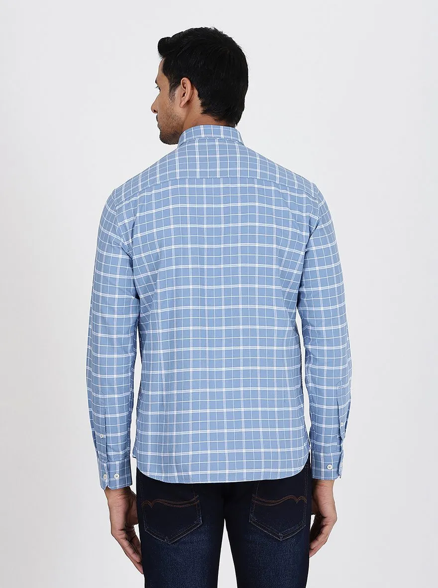 Light Blue Checked Slim Fit Semi Casual Shirt | JadeBlue