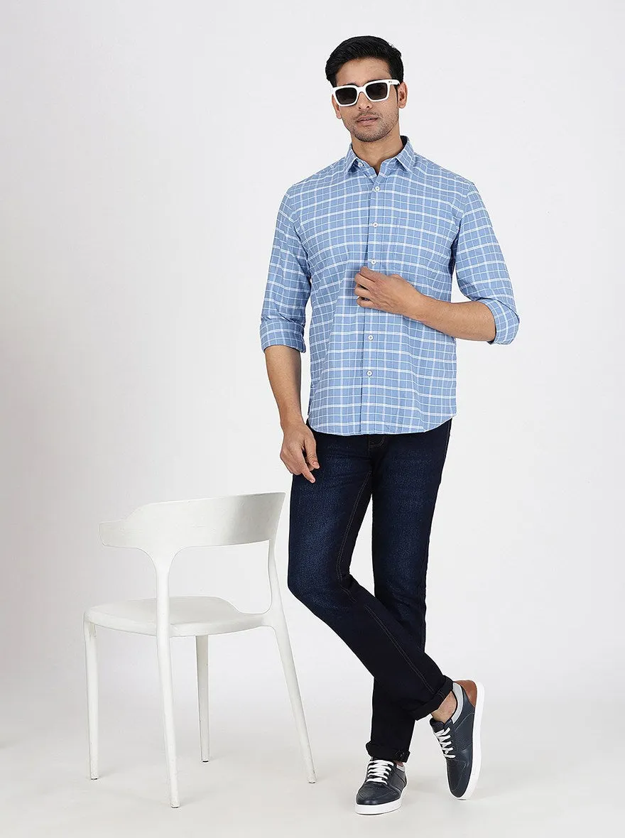 Light Blue Checked Slim Fit Semi Casual Shirt | JadeBlue