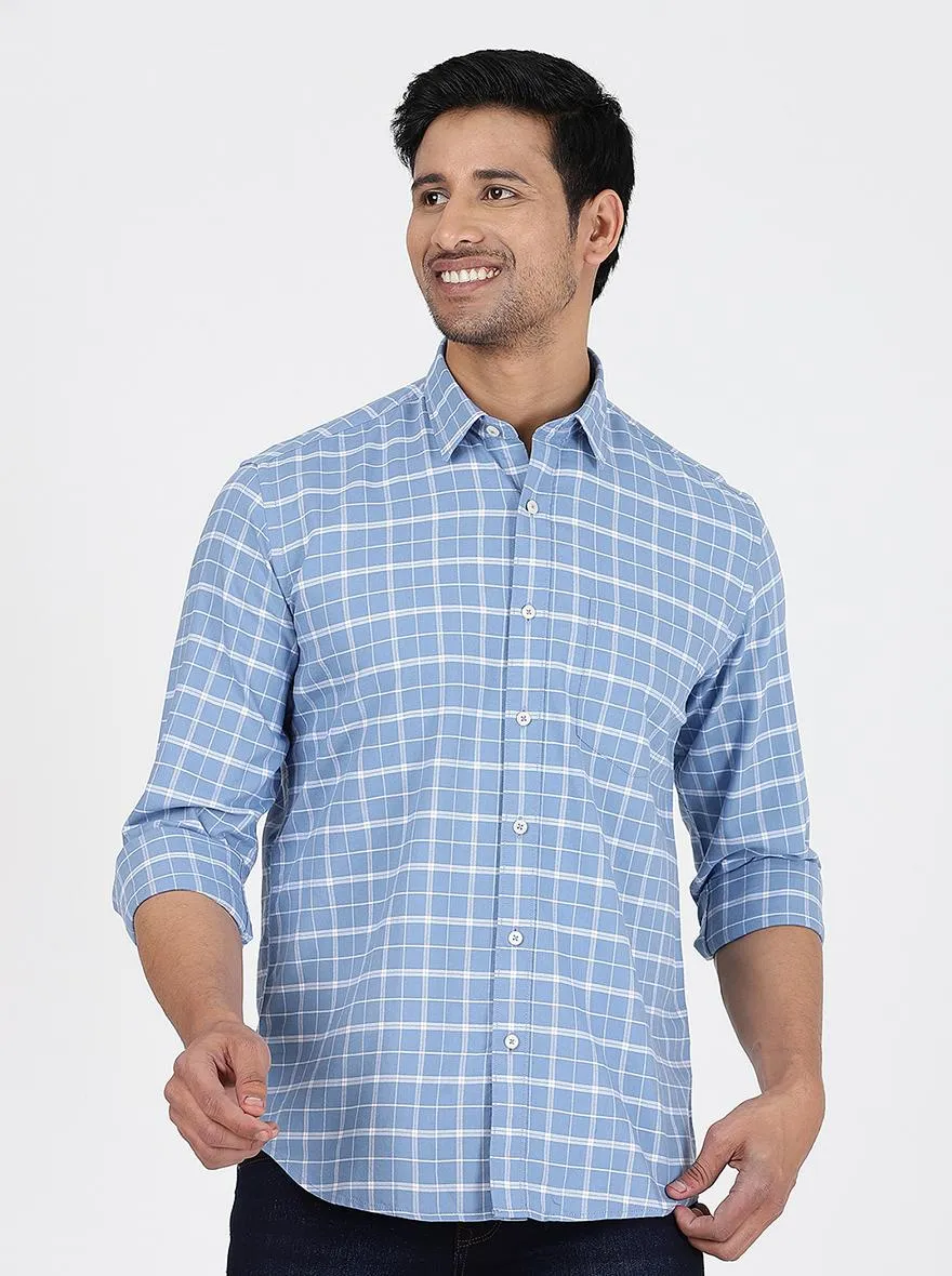 Light Blue Checked Slim Fit Semi Casual Shirt | JadeBlue