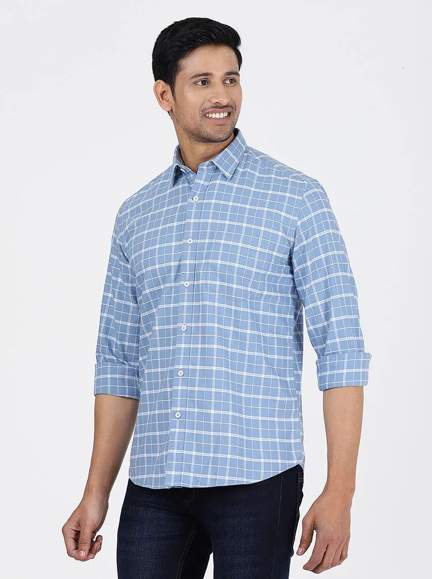 Light Blue Checked Slim Fit Semi Casual Shirt | JadeBlue