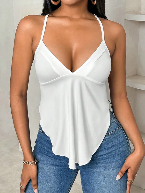 Loose Sleeveless Backless Pleated Solid Color Tied Deep V-Neck Vest Top