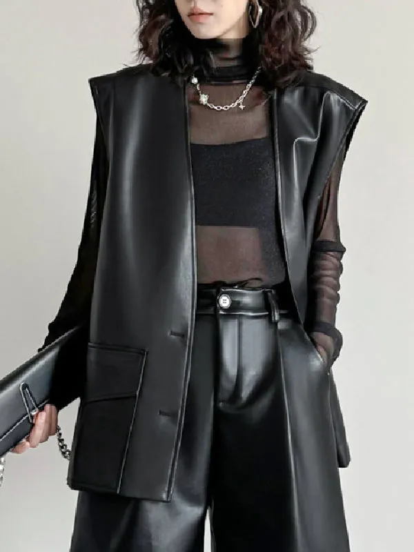 Loose Sleeveless Buttoned Pockets Solid Color V-Neck Vest Outerwear