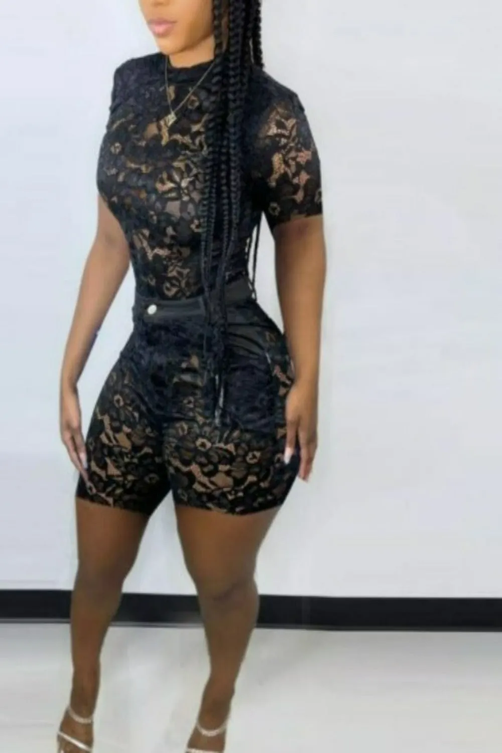 Lovely Lace Short Sleeve Backless Bodysuit and Pant Matching Sets