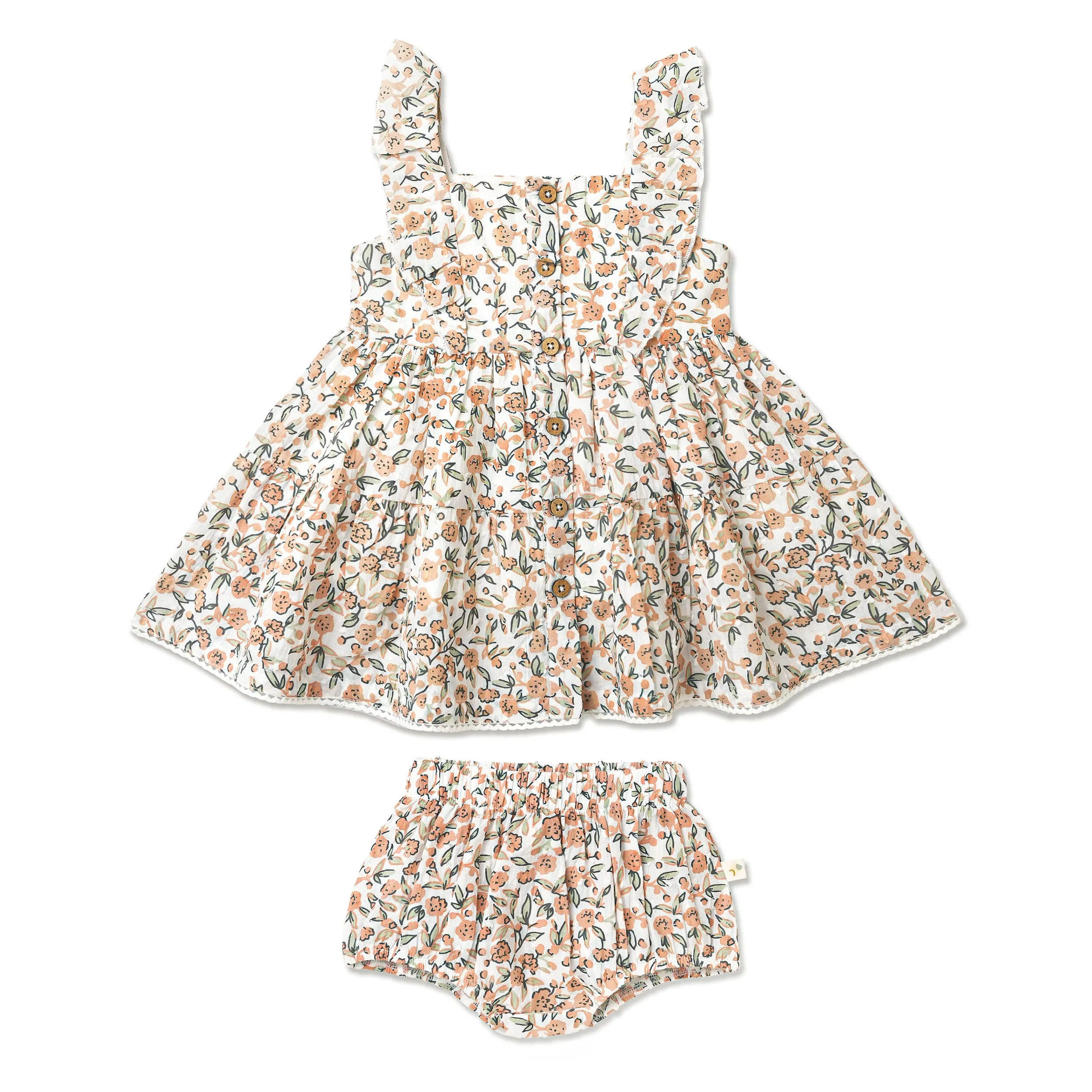 MakeMake Organic Flutter Buttoned Tiered Dress Magnolia