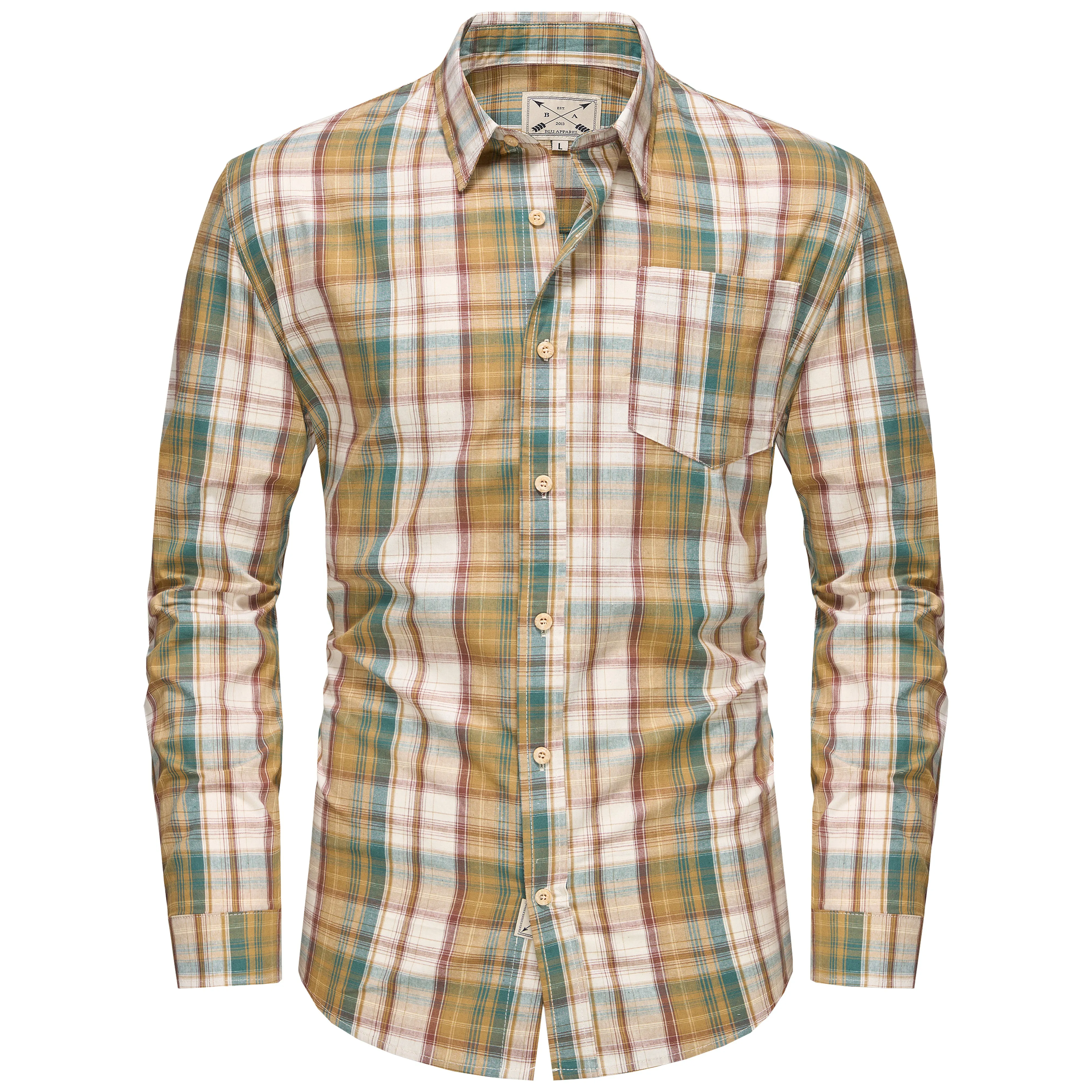 Men's Long Sleeve Checked Cotton Shirt - Red / Ecru