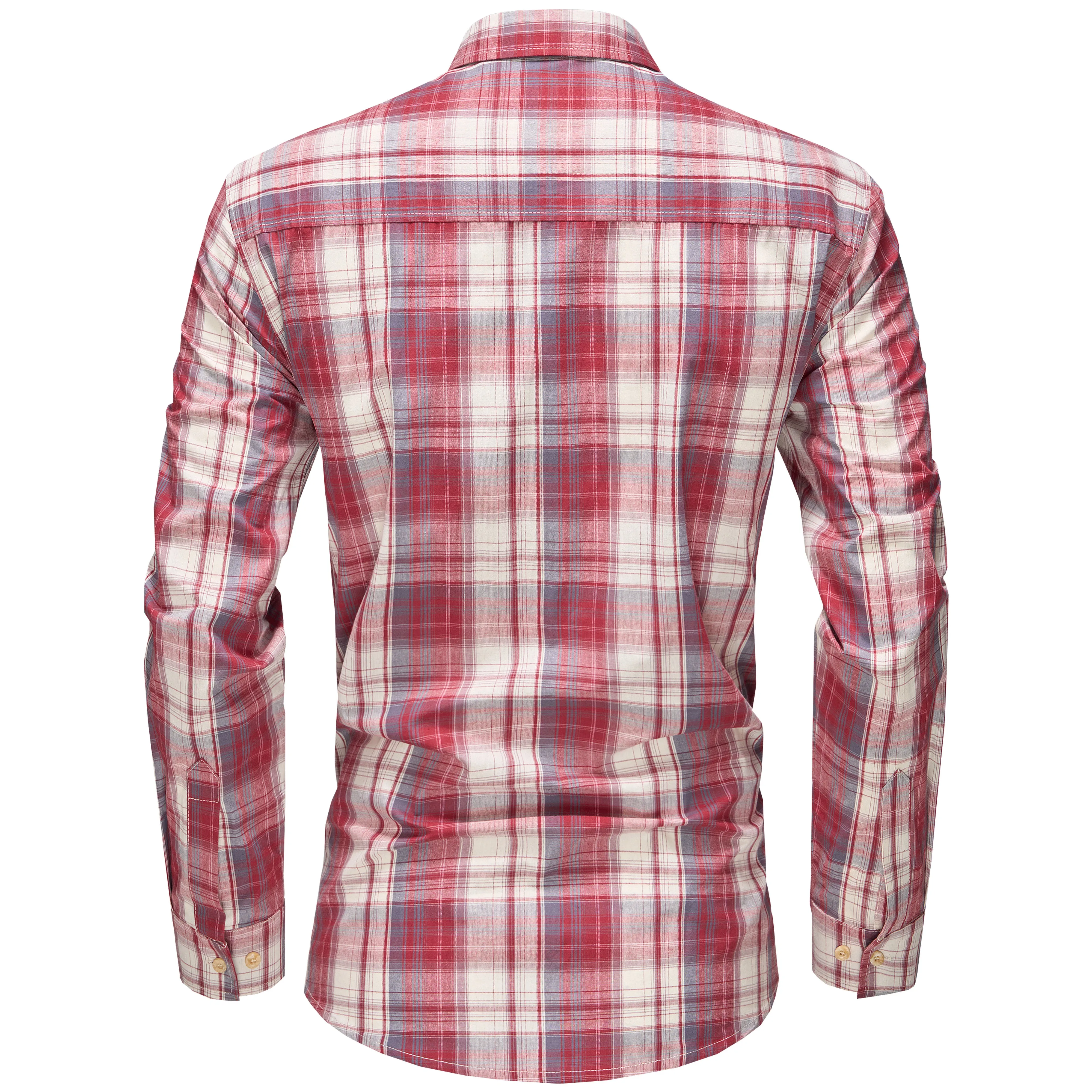 Men's Long Sleeve Checked Cotton Shirt - Red / Ecru