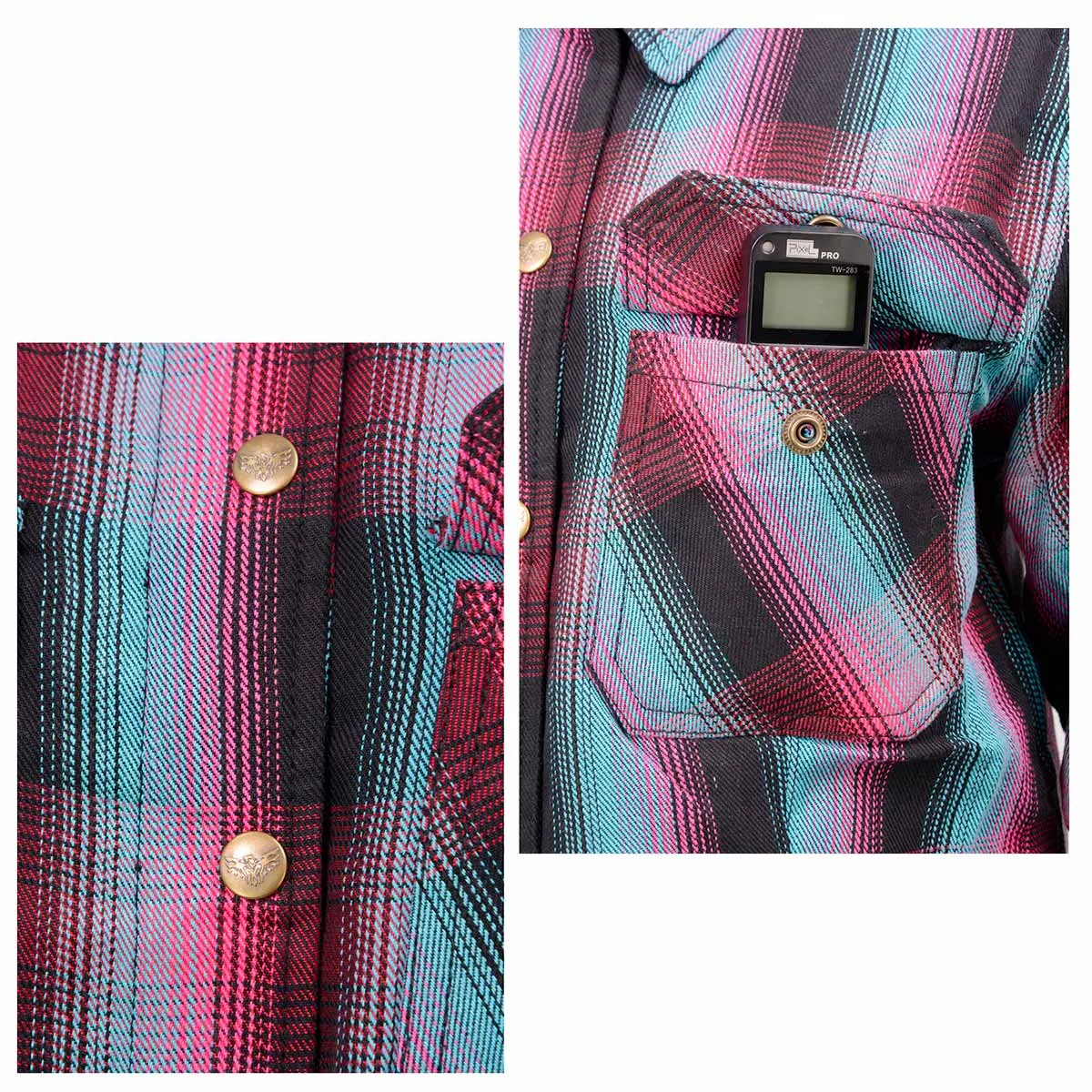 MPL2603 Women’s Plaid Flannel Biker Shirt with CE Approved Armor - Reinforced w/ Aramid Fiber