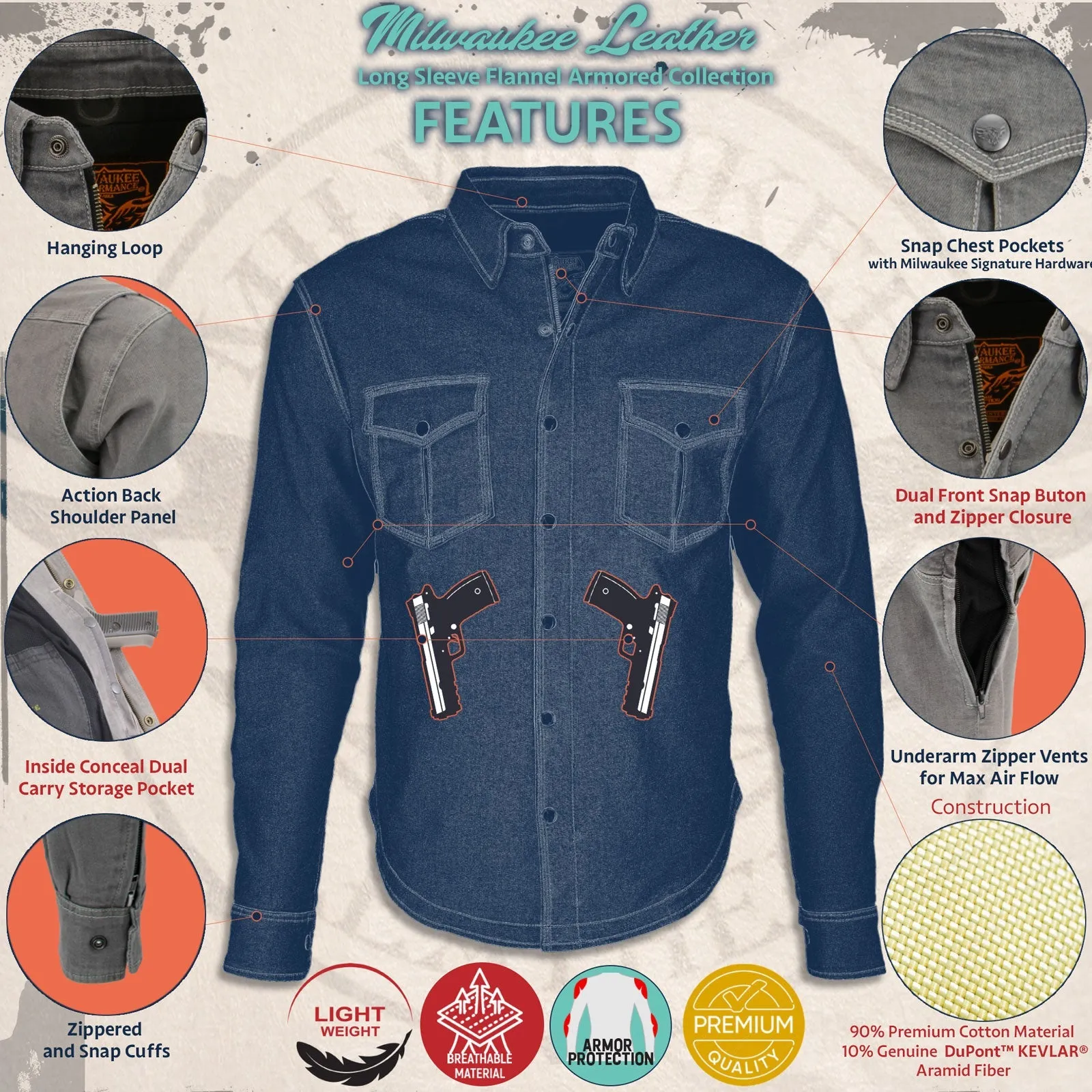 MPL2603 Women’s Plaid Flannel Biker Shirt with CE Approved Armor - Reinforced w/ Aramid Fiber