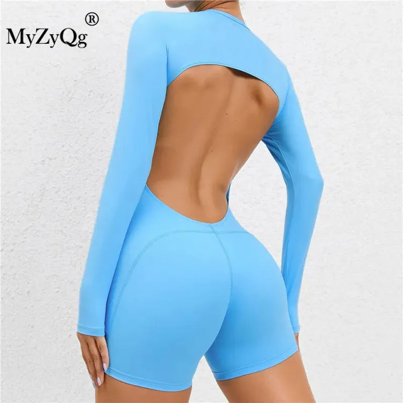 MyZyQg Women Sexy Backless Tight One-piece Dress Playsuits Without Pads High Elastic Sports Beauty Back Yoga Fitness Jumpsuit