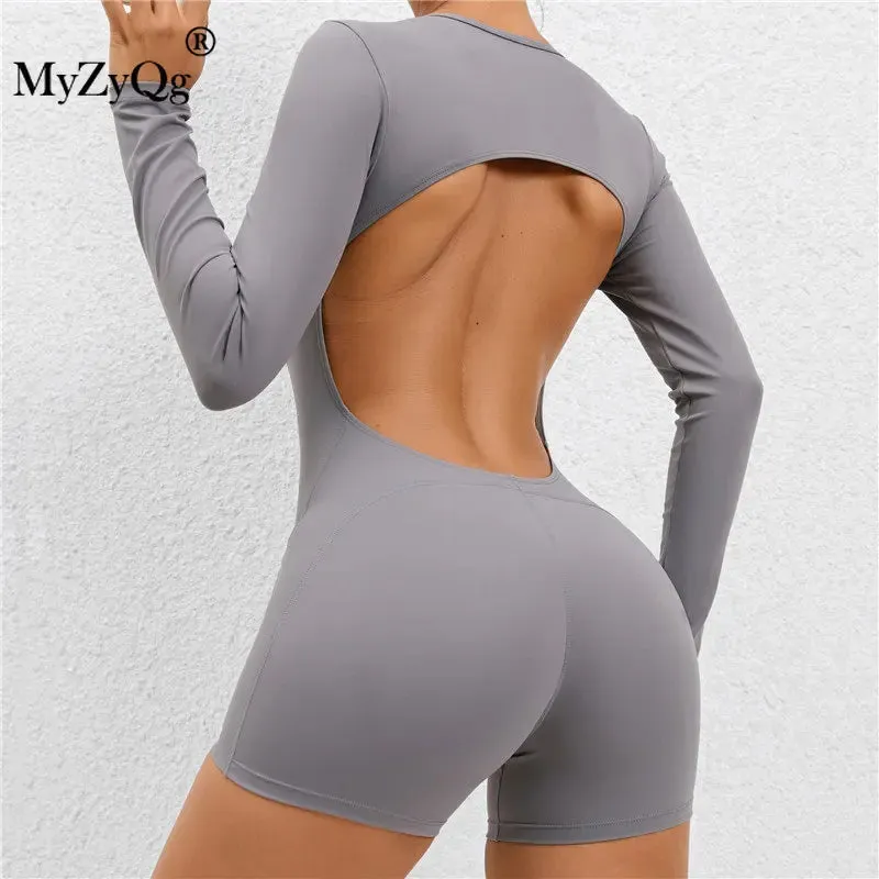 MyZyQg Women Sexy Backless Tight One-piece Dress Playsuits Without Pads High Elastic Sports Beauty Back Yoga Fitness Jumpsuit