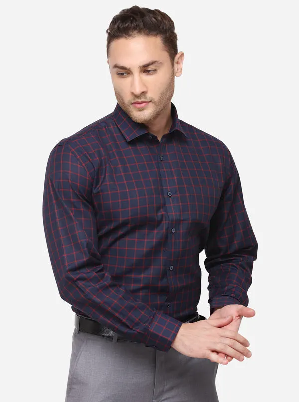Navy Blue Checked Regular Fit Formal Shirt | Greenfibre