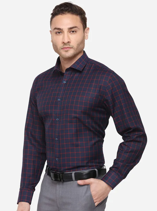 Navy Blue Checked Regular Fit Formal Shirt | Greenfibre