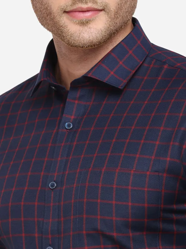 Navy Blue Checked Regular Fit Formal Shirt | Greenfibre