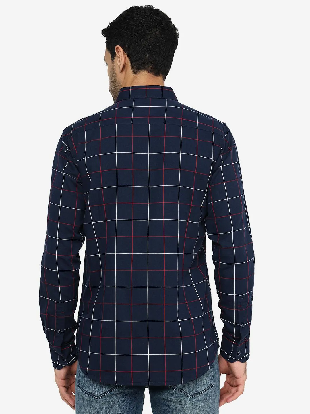 Navy Blue Checked Slim Fit Casual Shirt | JadeBlue