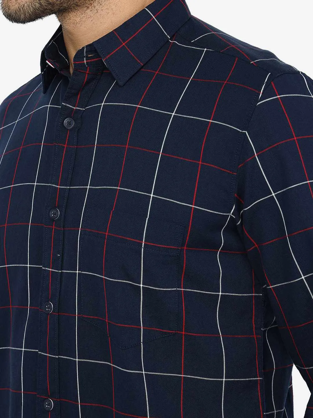 Navy Blue Checked Slim Fit Casual Shirt | JadeBlue