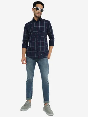 Navy Blue Checked Slim Fit Casual Shirt | JadeBlue