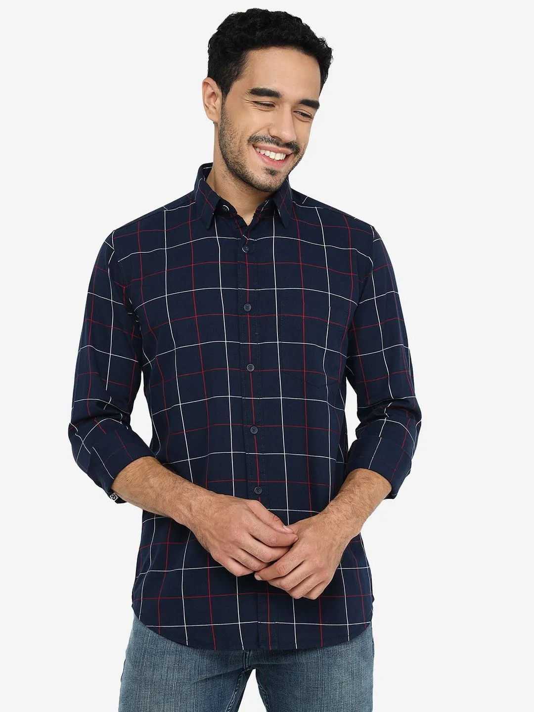 Navy Blue Checked Slim Fit Casual Shirt | JadeBlue