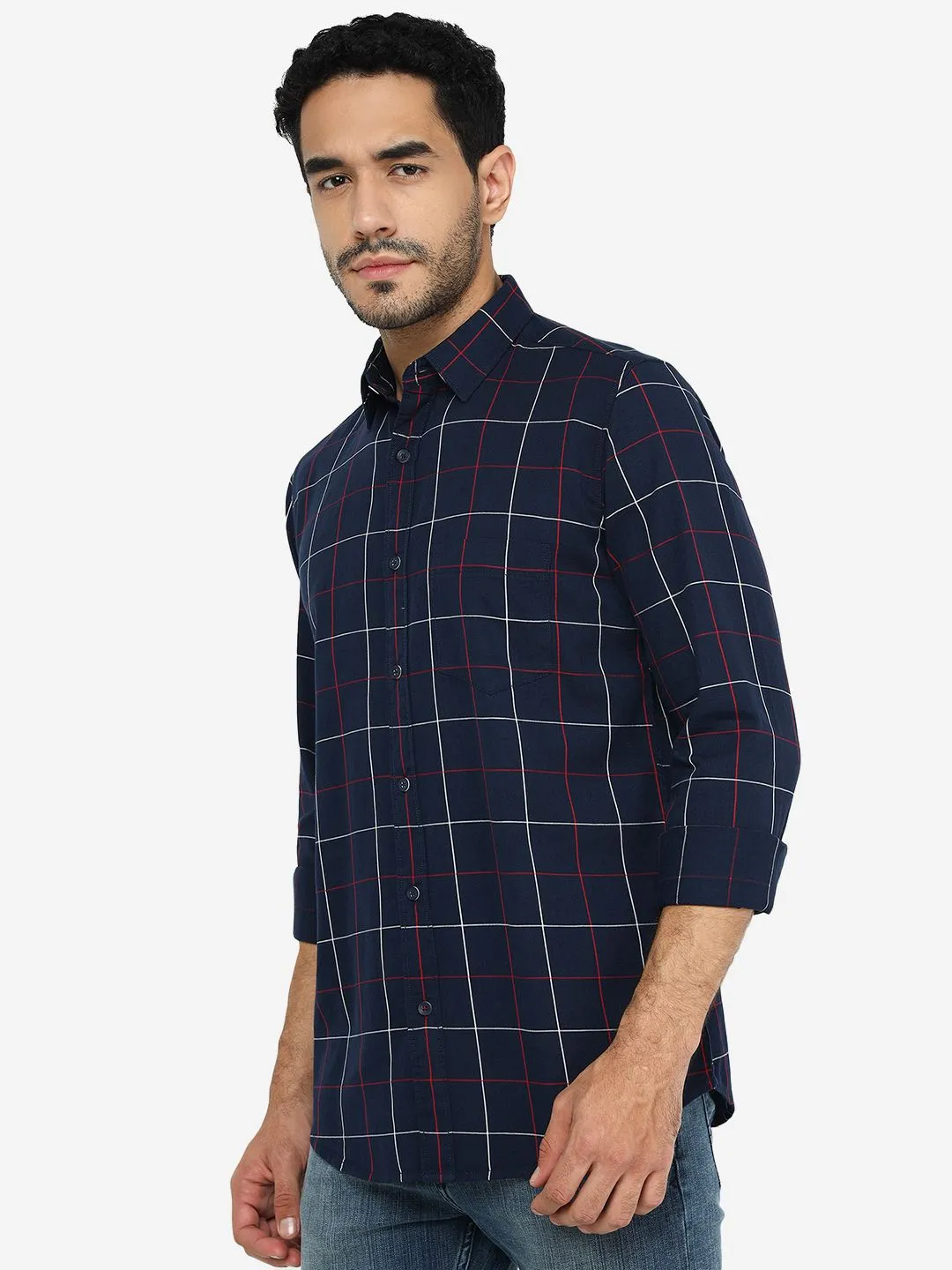 Navy Blue Checked Slim Fit Casual Shirt | JadeBlue