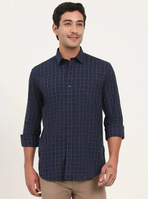 Navy Blue Checked Slim Fit Semi Casual Shirt | JadeBlue