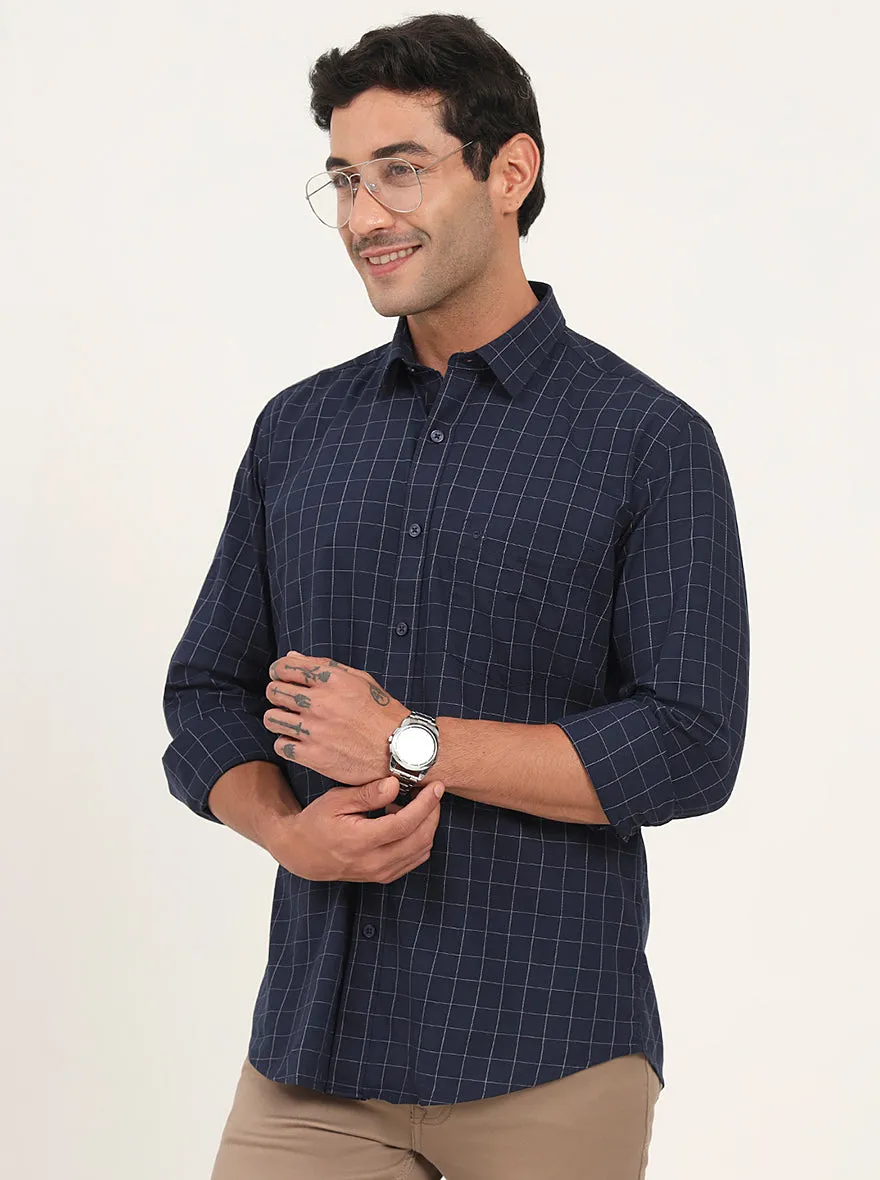 Navy Blue Checked Slim Fit Semi Casual Shirt | JadeBlue
