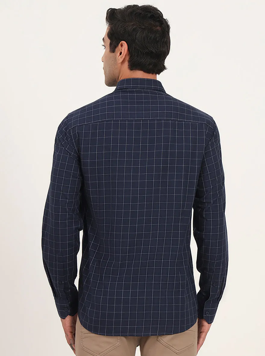 Navy Blue Checked Slim Fit Semi Casual Shirt | JadeBlue