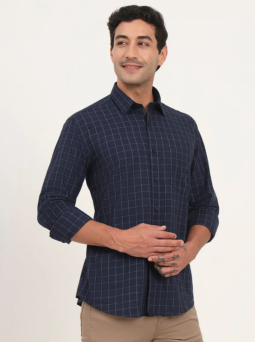 Navy Blue Checked Slim Fit Semi Casual Shirt | JadeBlue