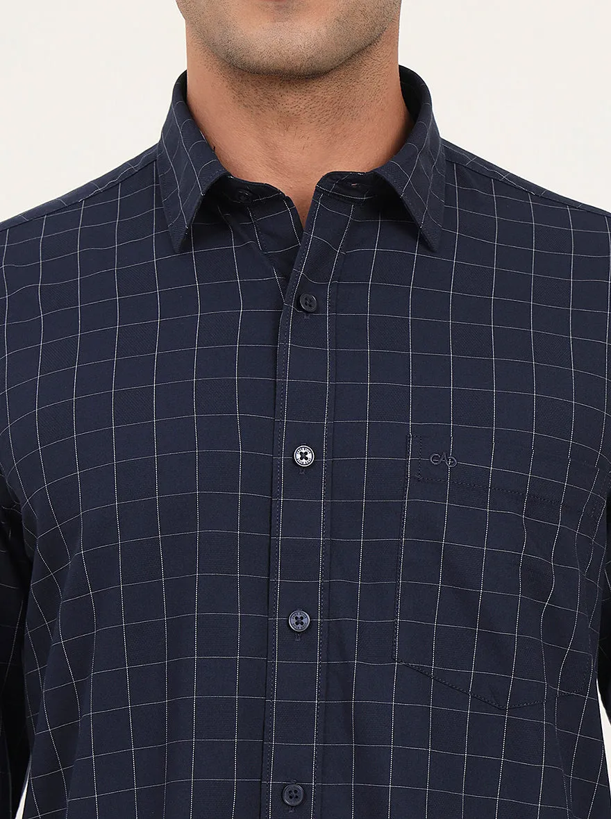 Navy Blue Checked Slim Fit Semi Casual Shirt | JadeBlue