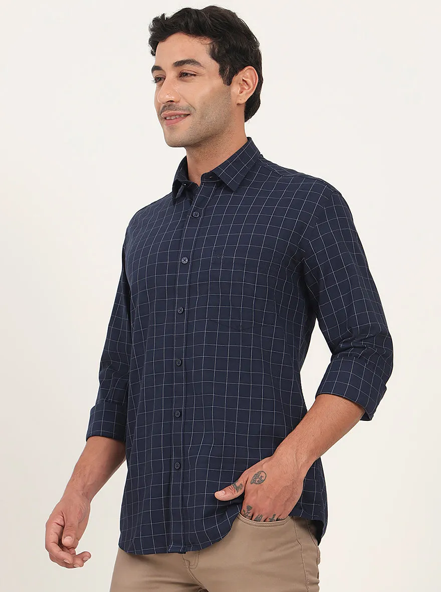 Navy Blue Checked Slim Fit Semi Casual Shirt | JadeBlue