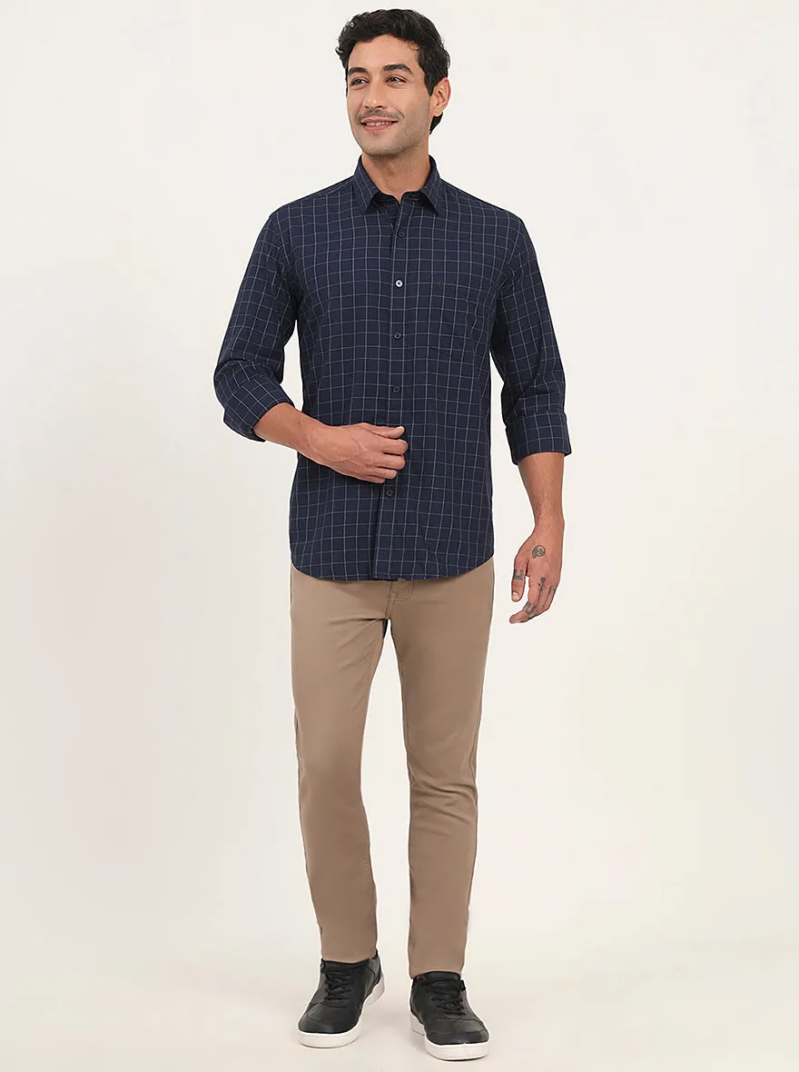 Navy Blue Checked Slim Fit Semi Casual Shirt | JadeBlue