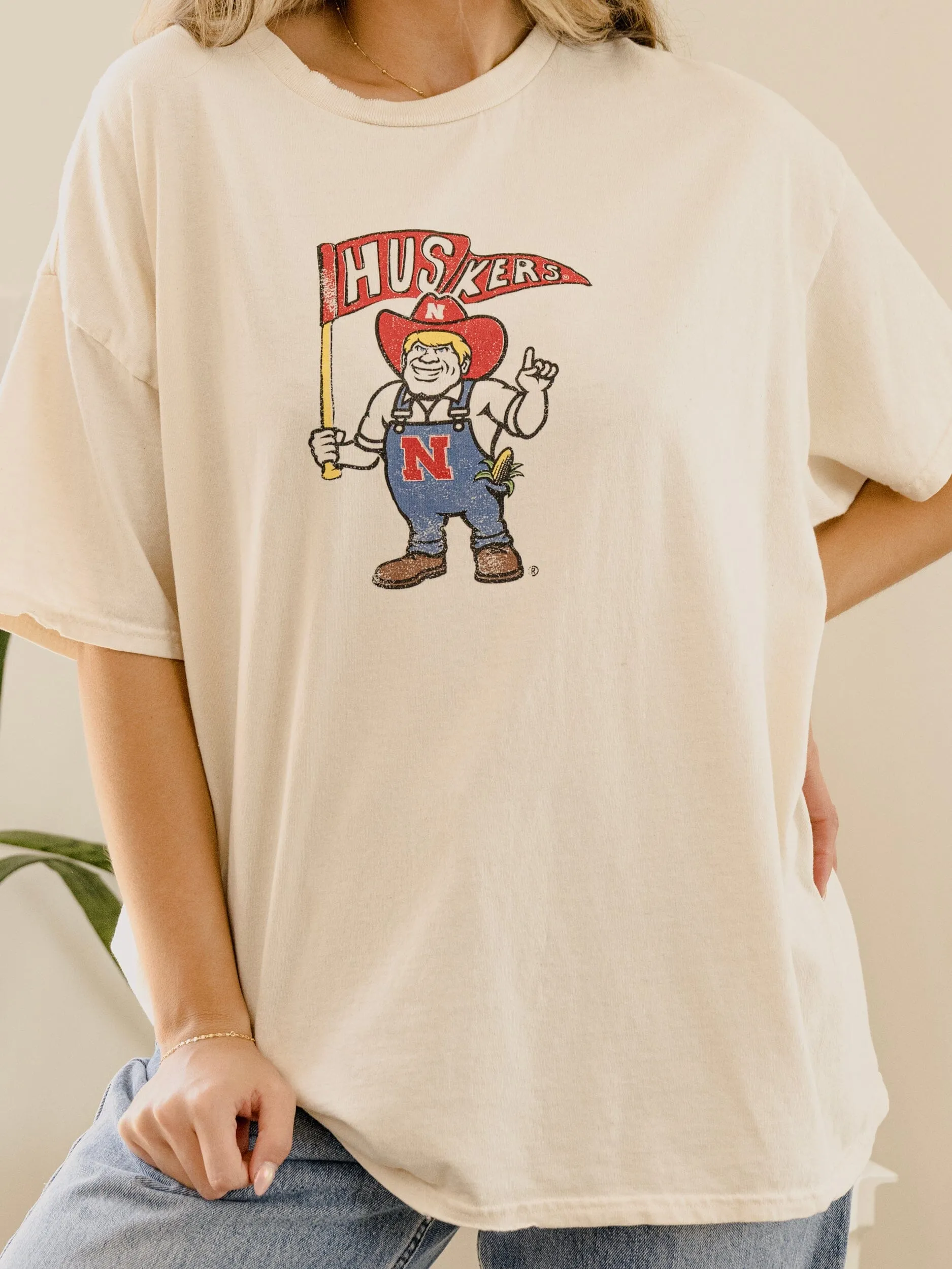 Nebraska Huskers Mascot Flag Off White Thrifted Tee