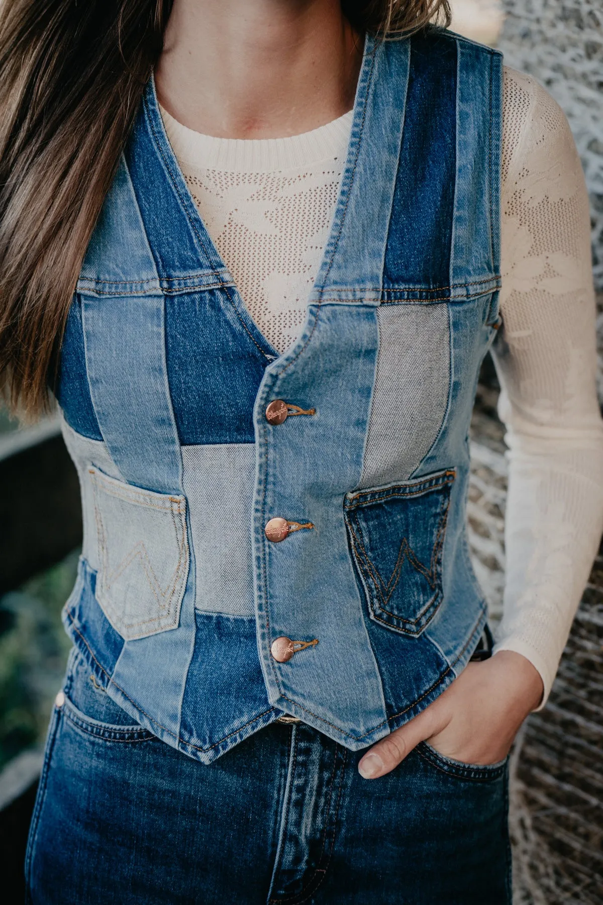 'Neon Diamonds' Wrangler x Lainey Patchwork Denim Vest (S-XL)
