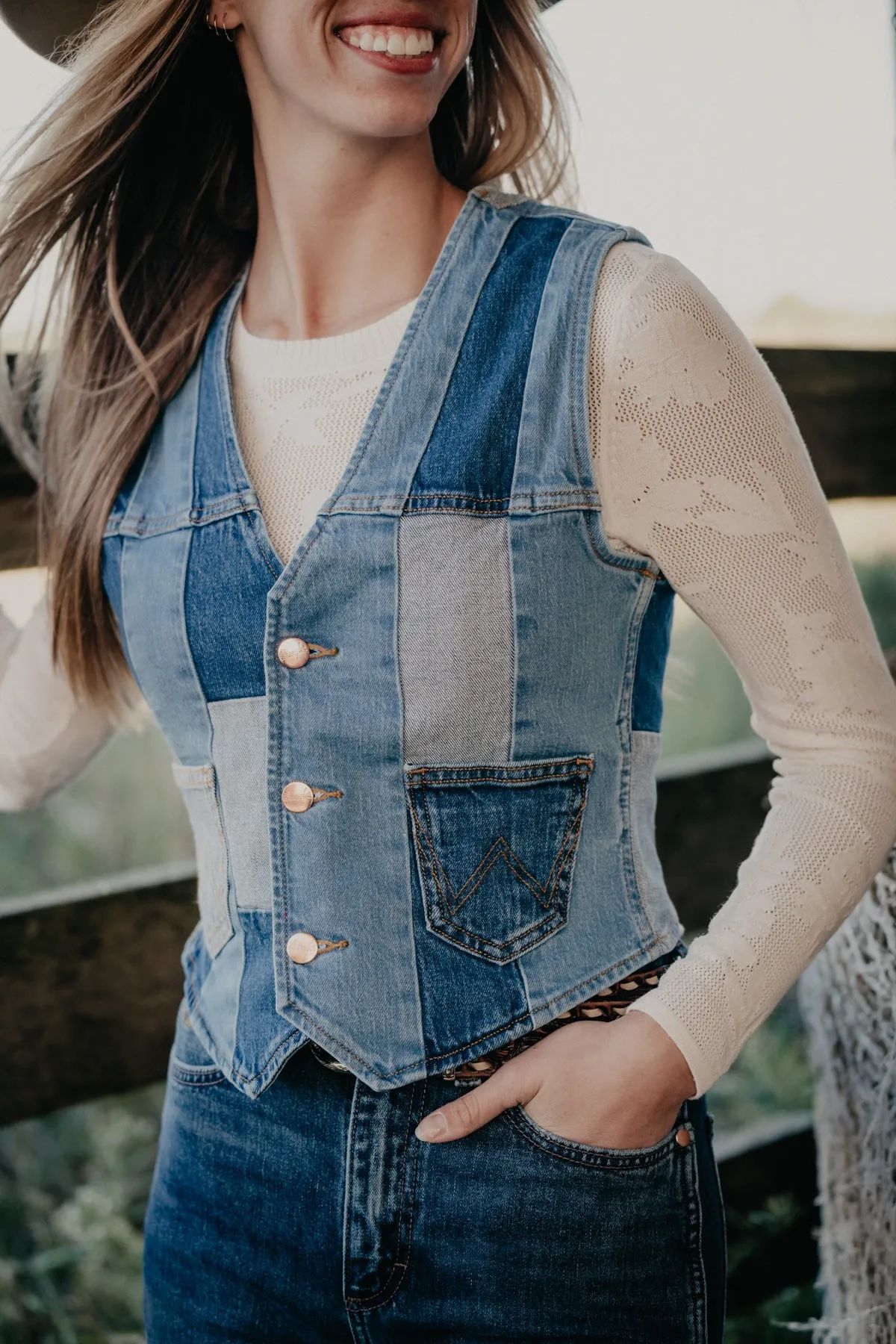 'Neon Diamonds' Wrangler x Lainey Patchwork Denim Vest (S-XL)