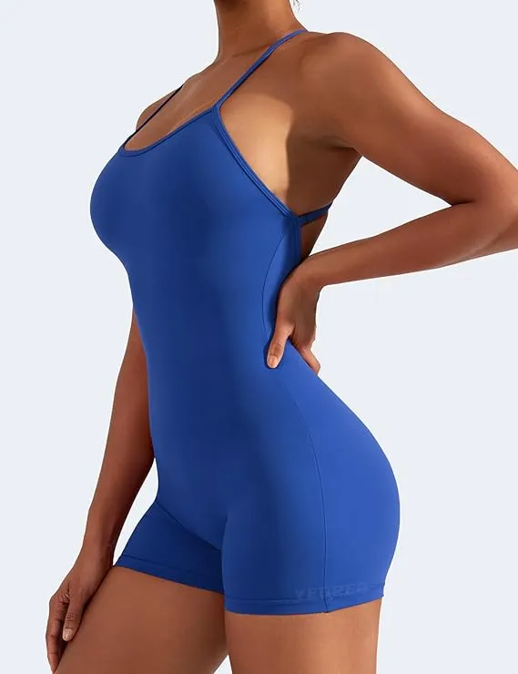 NEW Retails $55, YEOREO Backless Tummy Control Jumpsuits for Women One Piece Workout Jumpsuits Sleeveless V Back Lizvette Scrunch Yoga Rompers, Blue,  Sz M