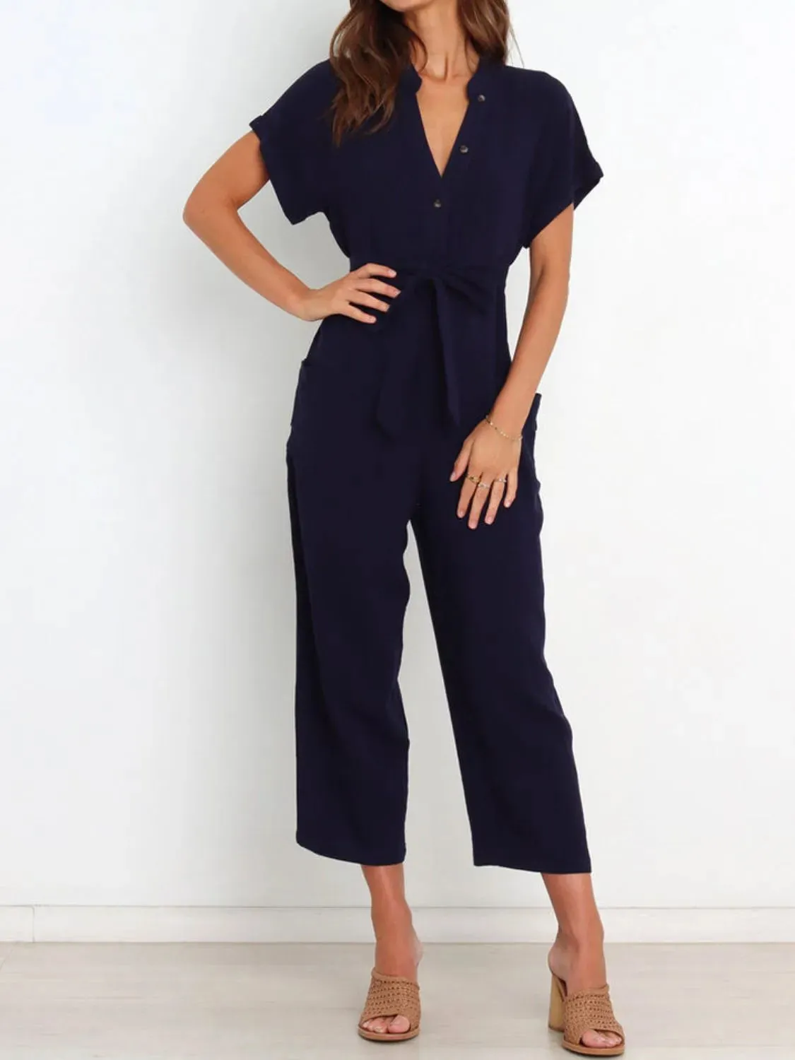 Notched Short Sleeve Tie Waist Jumpsuit