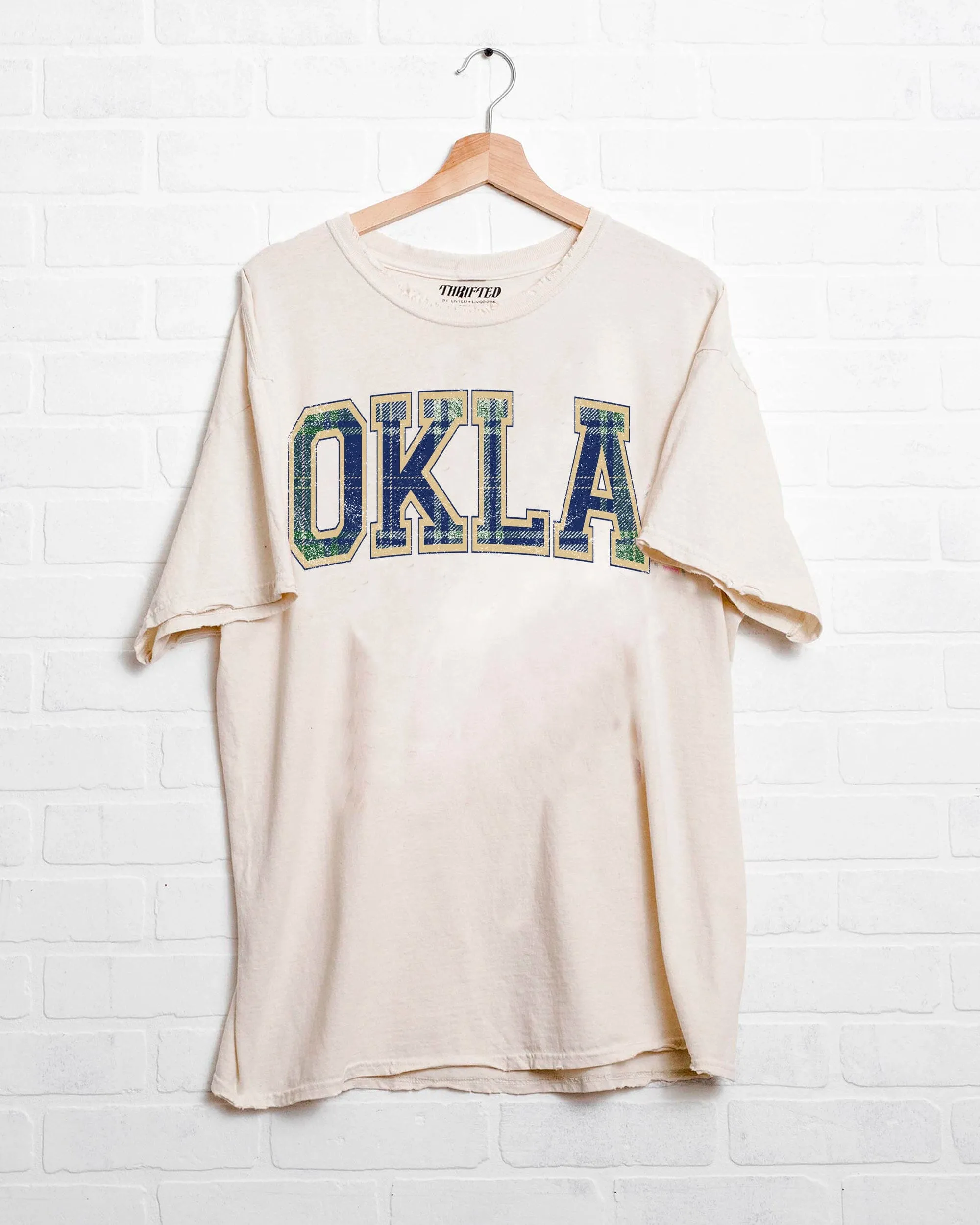 OKLA Plaid Arch (Gold Outline) Off White Thrifted Tee (FINAL SALE)