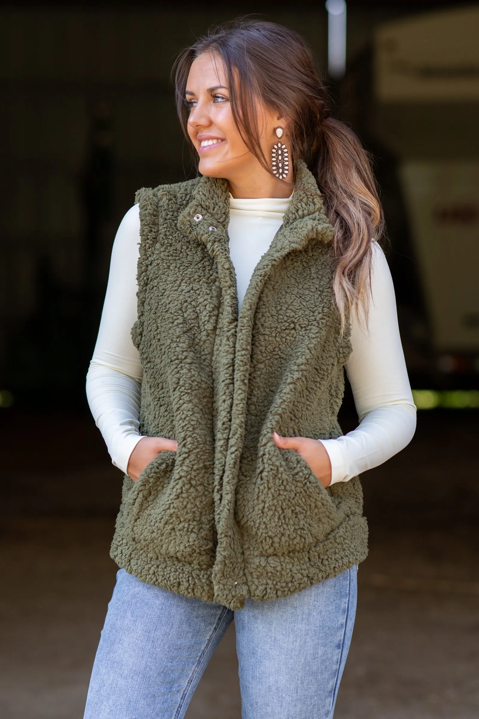 Olive Sherpa Vest With Pockets