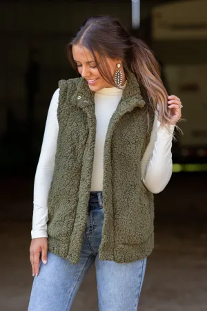 Olive Sherpa Vest With Pockets
