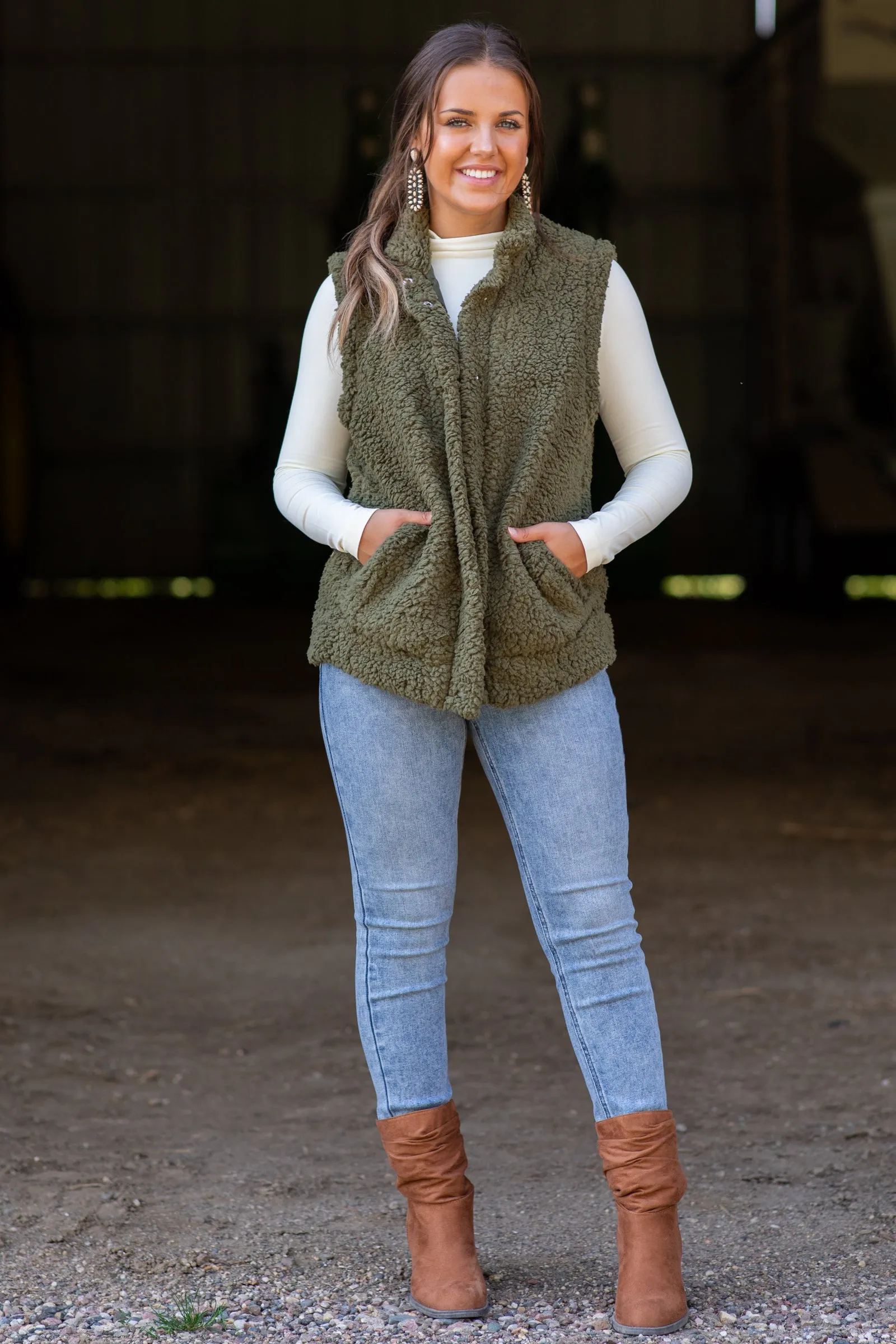Olive Sherpa Vest With Pockets