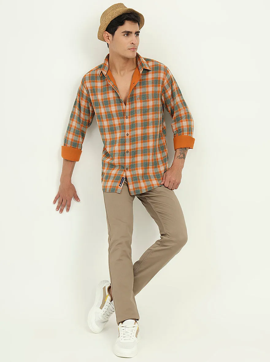 Orange & Green Checked Slim Fit Casual Shirt | Greenfibre