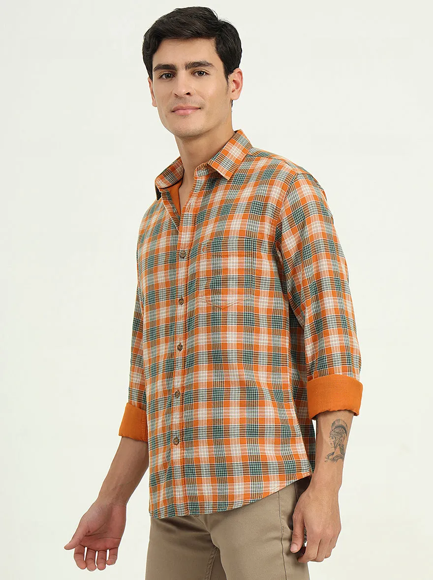 Orange & Green Checked Slim Fit Casual Shirt | Greenfibre