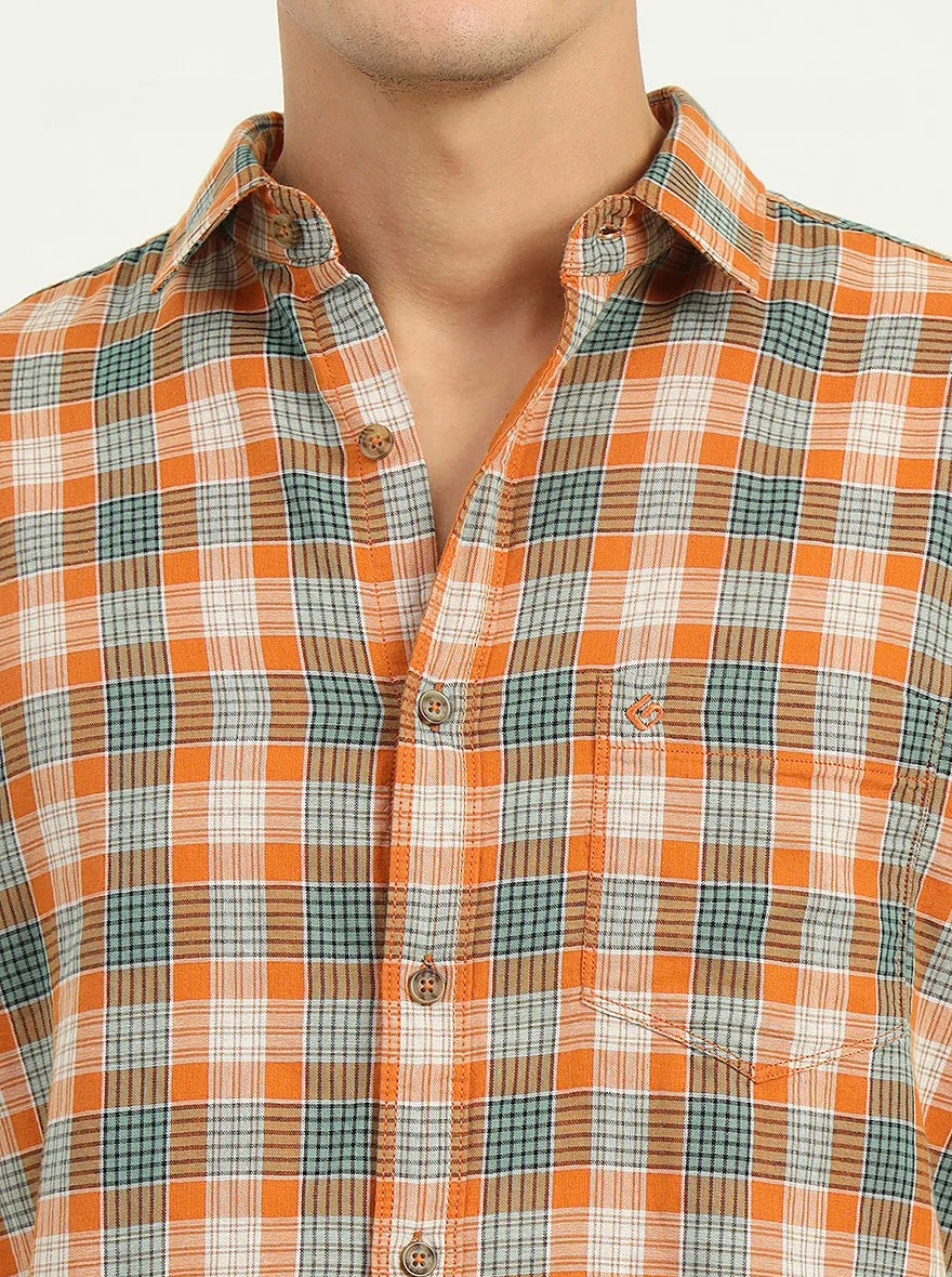 Orange & Green Checked Slim Fit Casual Shirt | Greenfibre