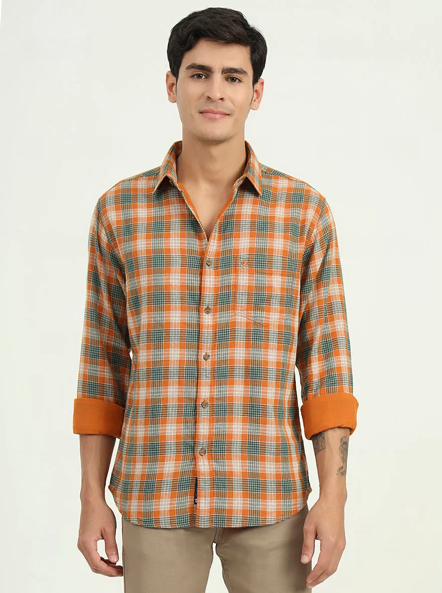Orange & Green Checked Slim Fit Casual Shirt | Greenfibre